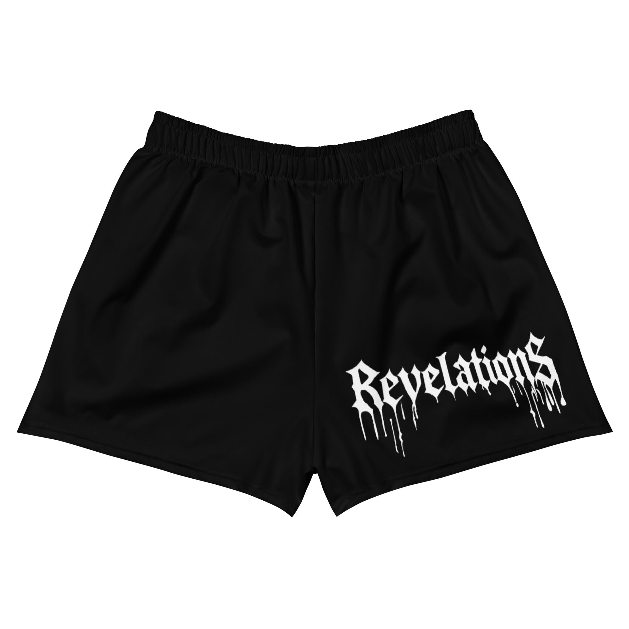 RUN//IT The Saint black athletic shorts with elastic waistband and white Revelations graphic, moisture-wicking and breathable fabric with UPF50+ protection