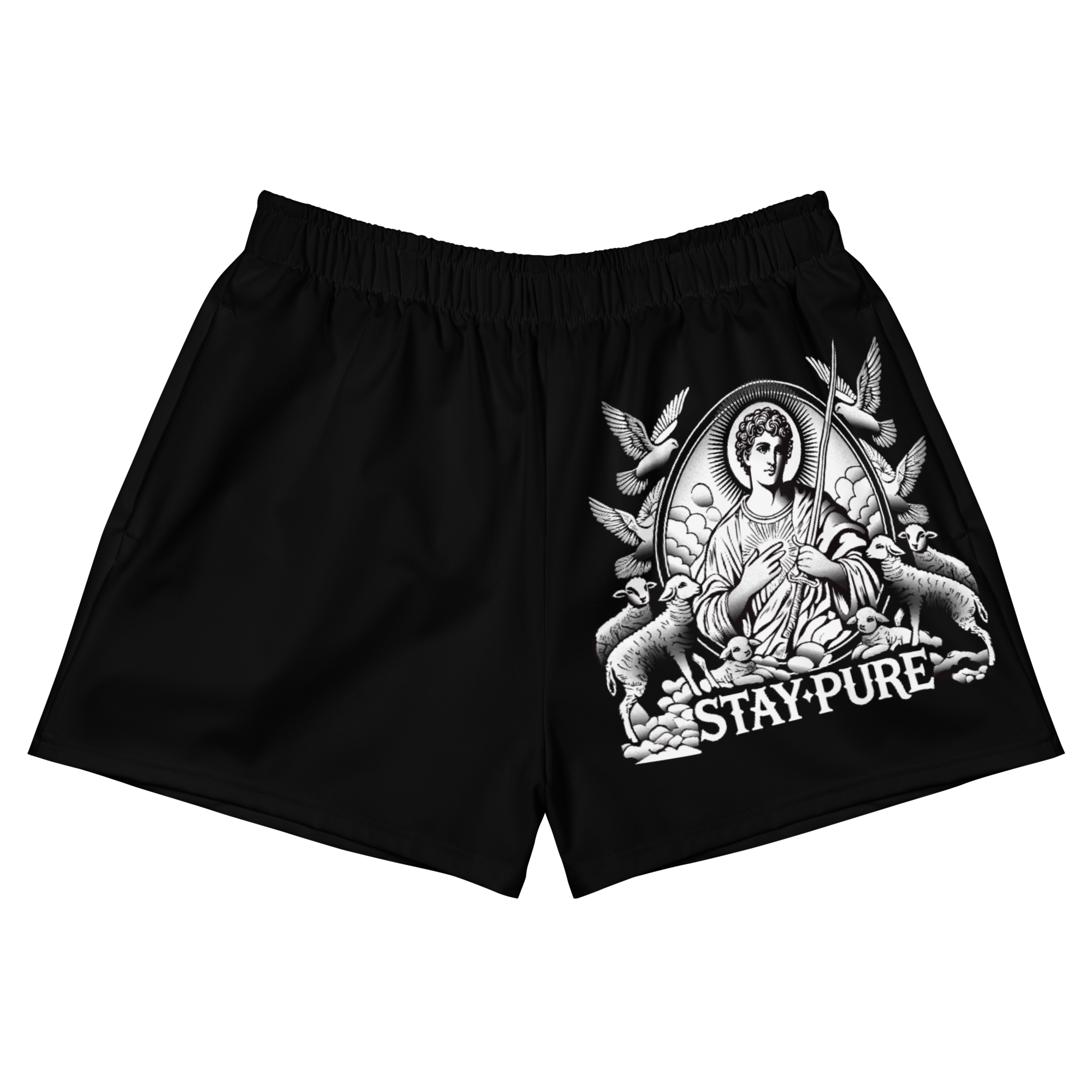 Black RUNIT The Saint shorts with elastic waistband, white "Stay Pure" graphic, four-way stretch moisture-wicking fabric, and mesh side pockets.