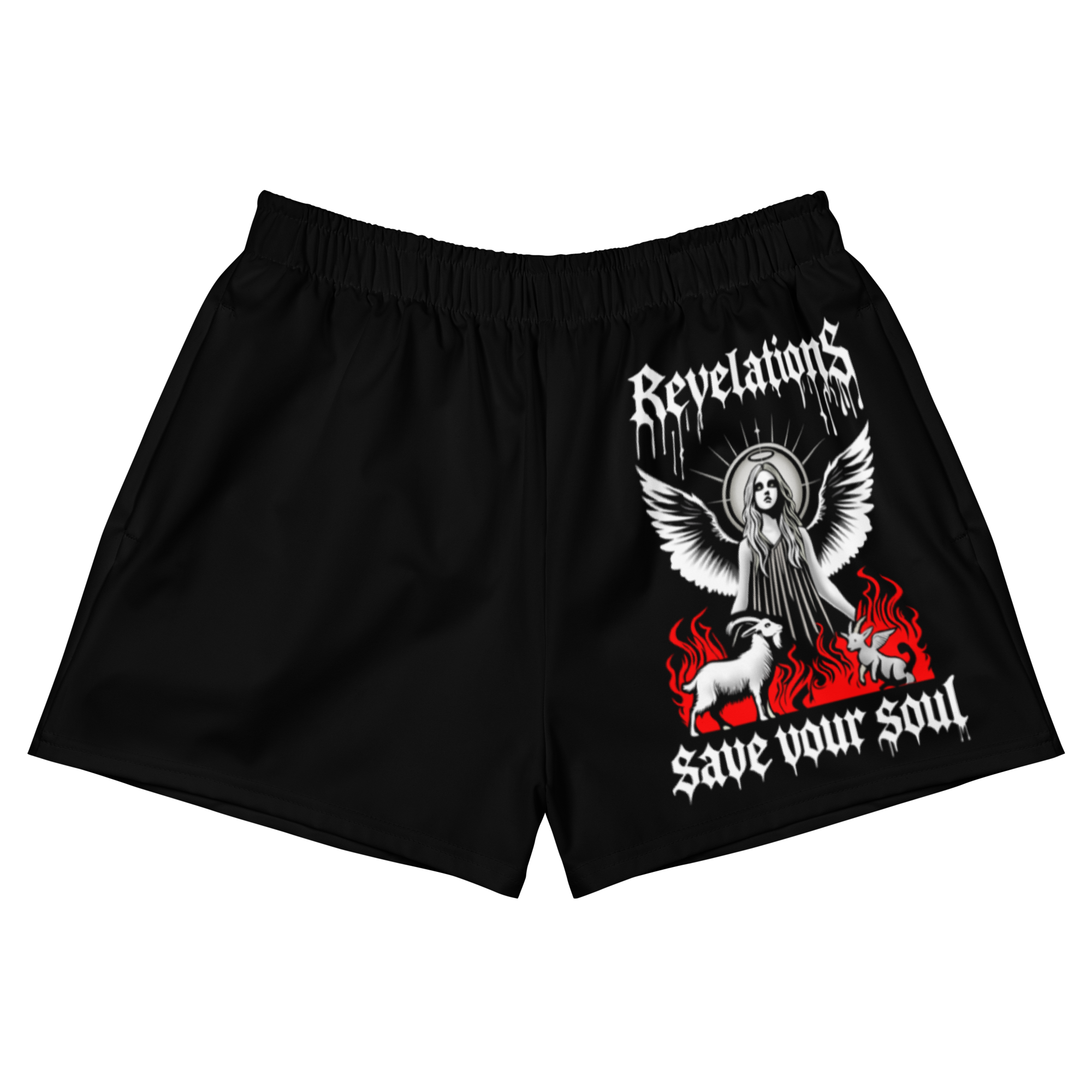 Black RUNIT Rising Angel shorts with elastic waistband, mesh side pockets, and graphic print featuring an angel, flames, and text "Revelations" and "save your soul"
