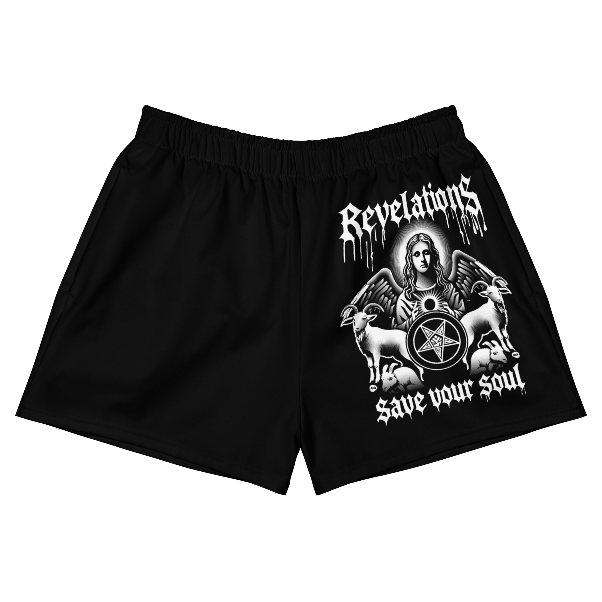 Black RUNIT Hades Angel shorts with elastic waistband and white graphic featuring angel, goats, and "Revelations save your soul" text
