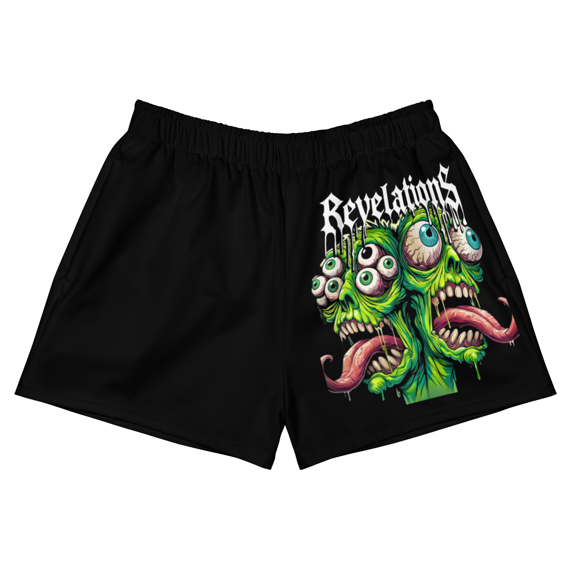 Black Twin Zombiies athletic shorts with green multi-eyed zombie graphic and "Revelations" text, made of breathable, moisture-wicking fabric with mesh side pockets and elastic waistband.