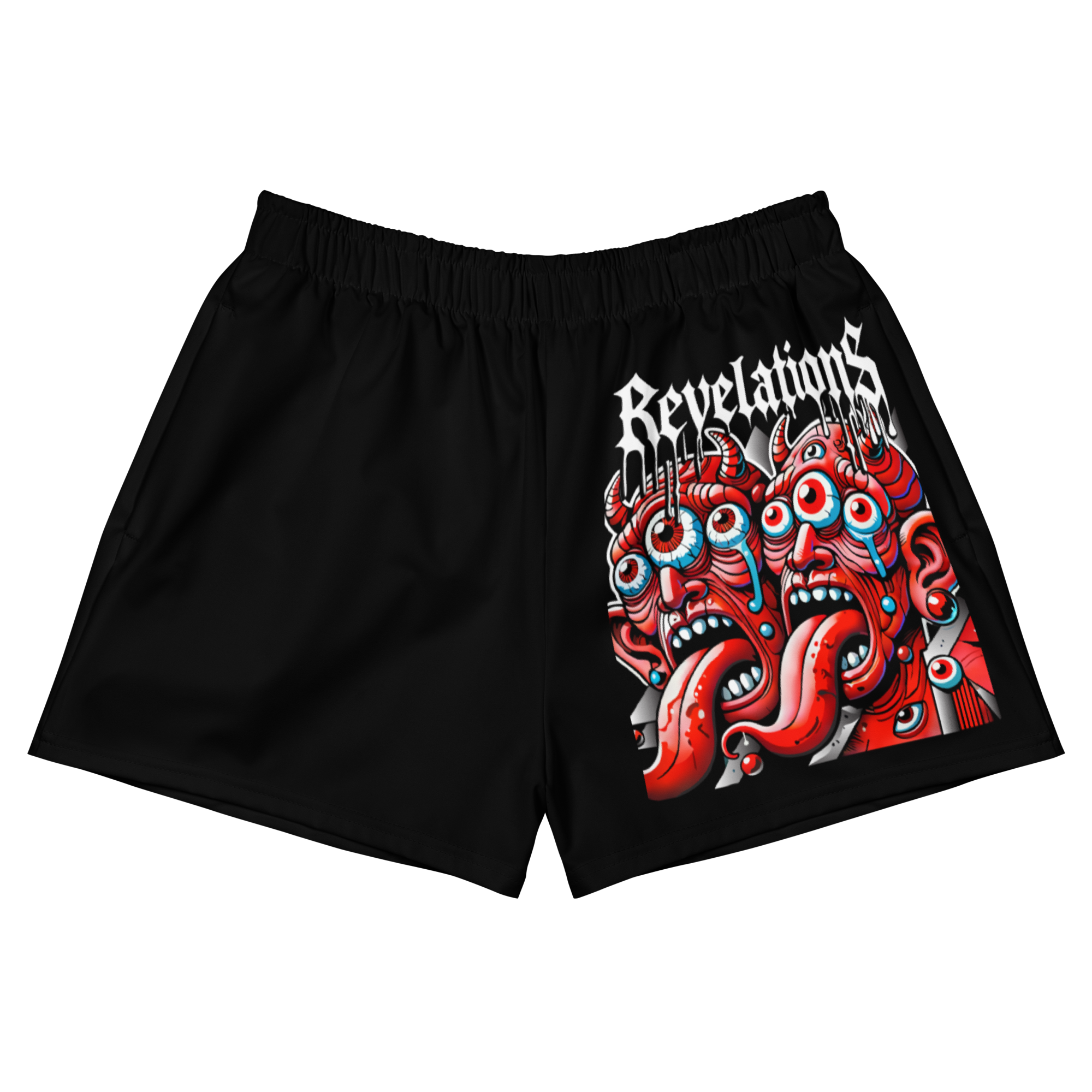 Black Twin Devils athletic shorts with a graphic of red devil faces and the word "Revelations" on the right leg, made of moisture-wicking recycled polyester with a 2.5-inch inseam and elastic waistband.