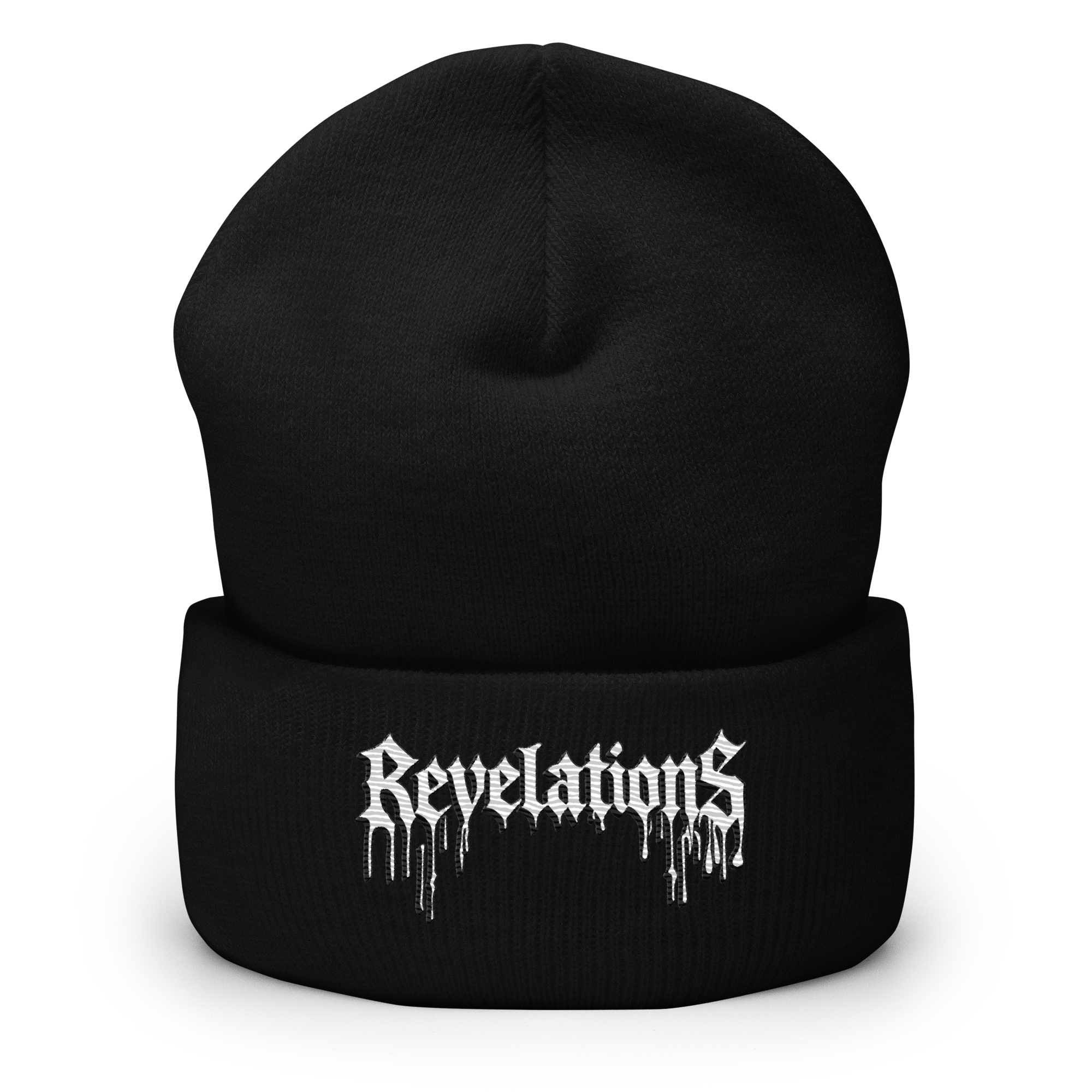 Black Puffy Beanie GhostCore with white Revelations text, 100% turbo acrylic, unisex and hypoallergenic