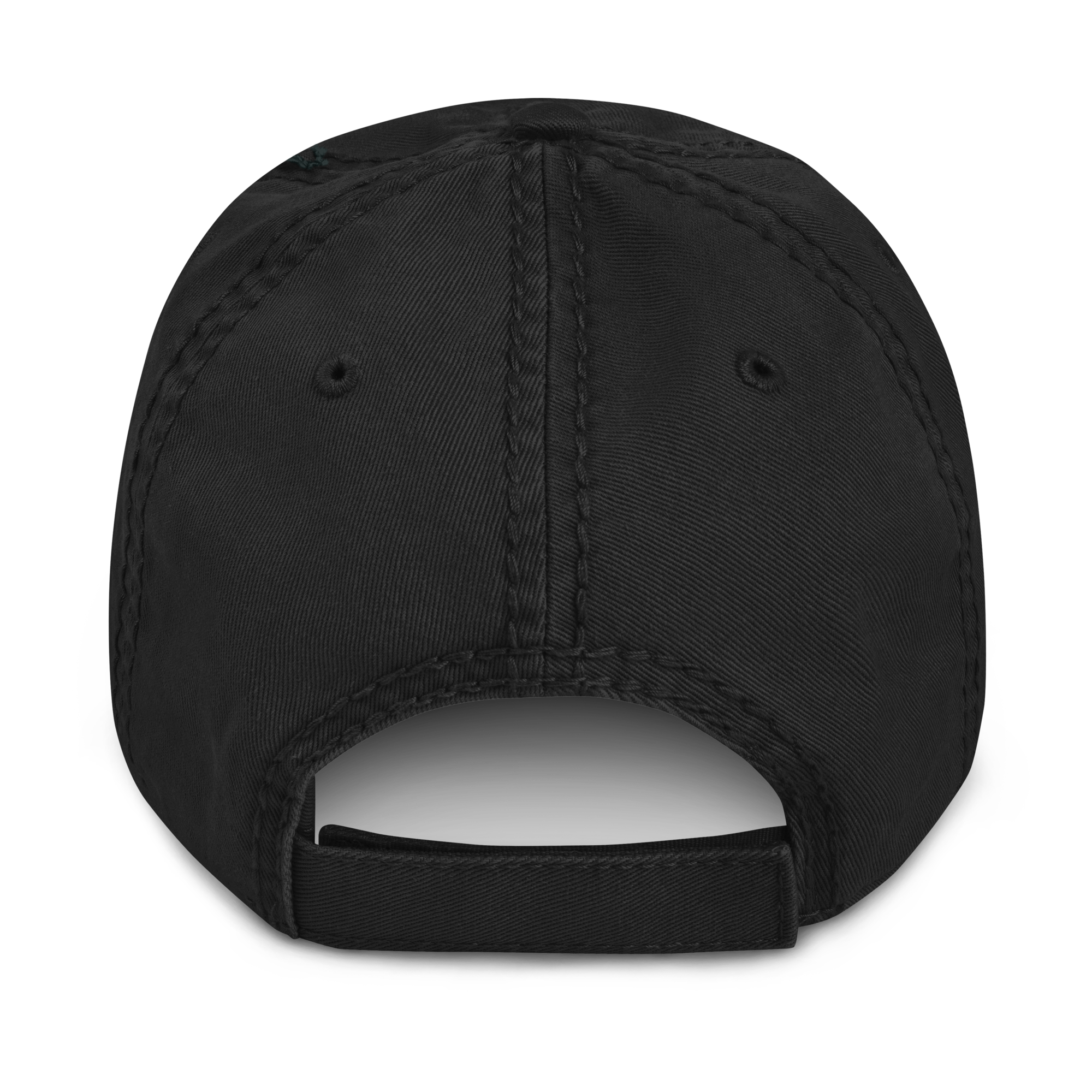 Black distressed ball cap with adjustable hook and loop closure and six sewn eyelets, made of 100% pre-shrunk cotton twill.