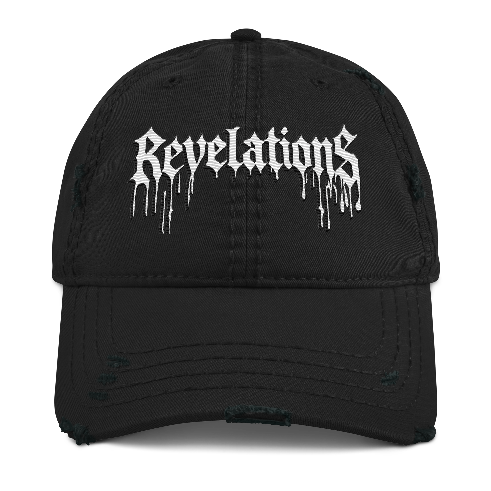 Black distressed ball cap with white dripping "revelations" text on front and adjustable strap