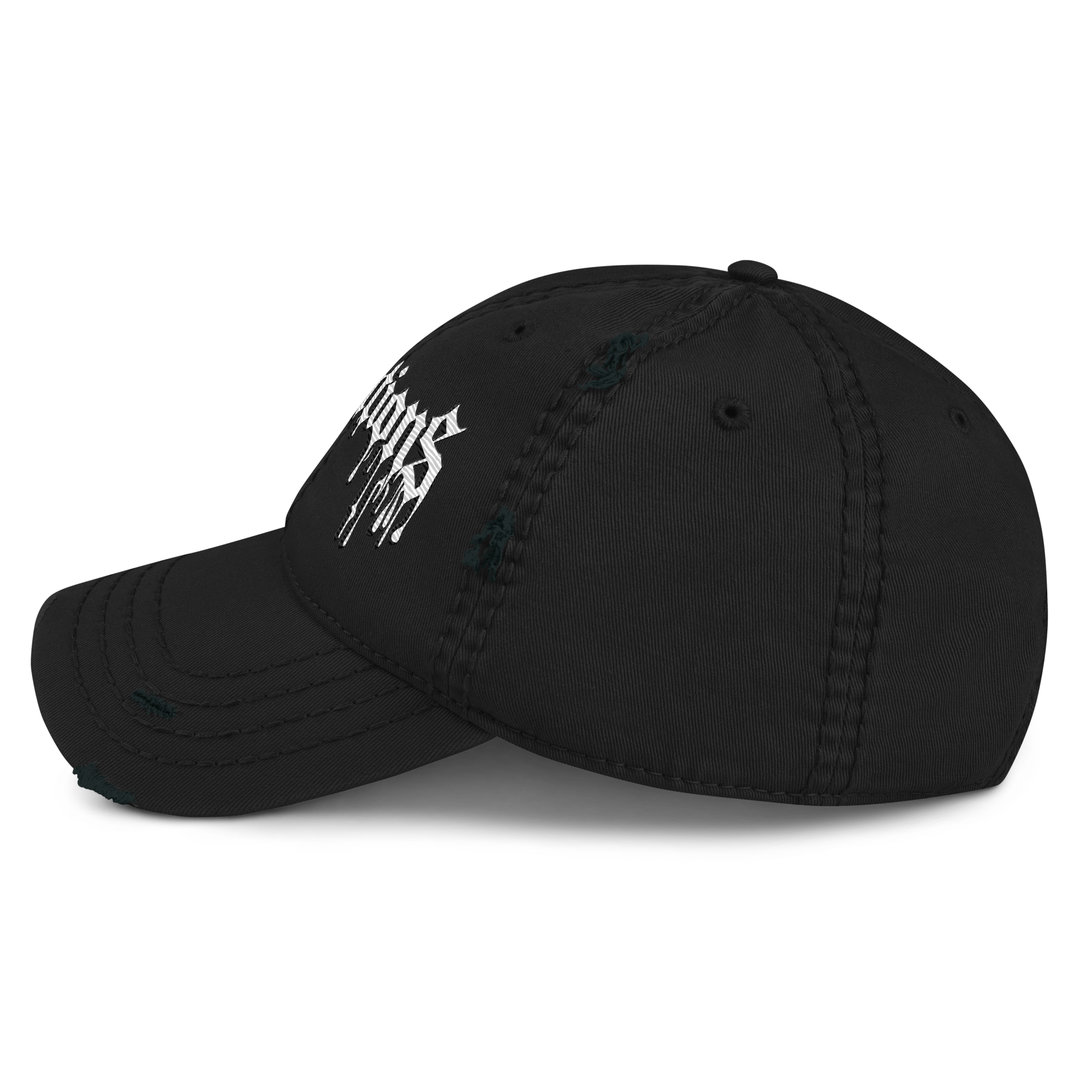 Black distressed ball cap with white graffiti-style text and adjustable hook and loop closure