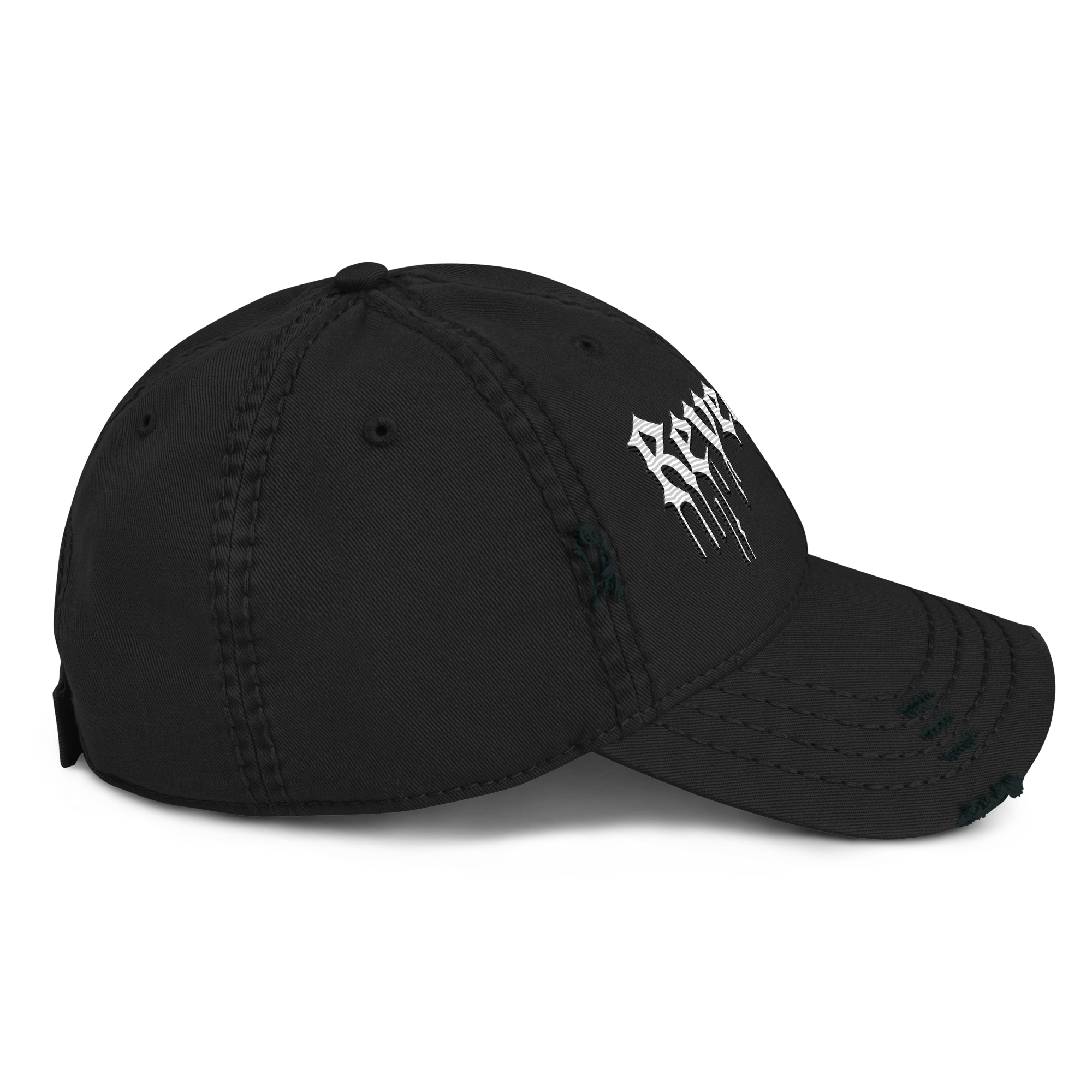 Black distressed ball cap with white embroidered text and adjustable strap closure