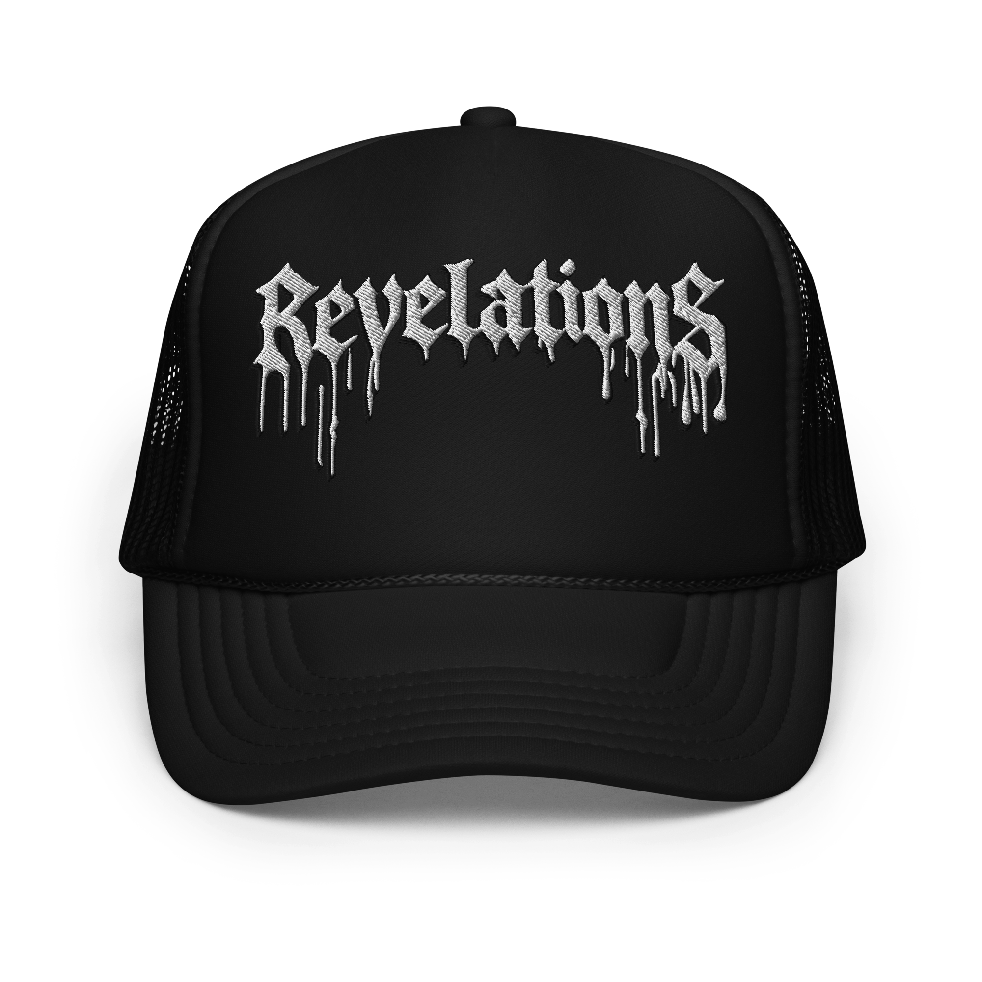 Black Trucker Cap GhostCore with mesh back and silver "Revelations" embroidery in dripping font style