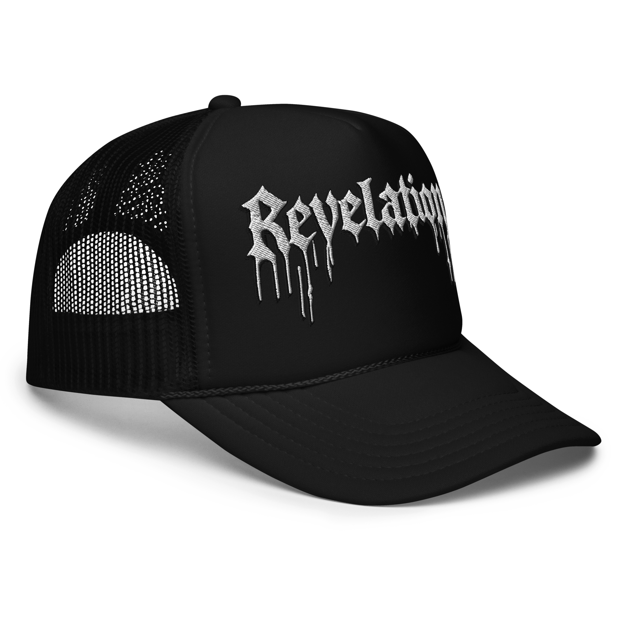 Black foam trucker cap GhostCore with mesh back, adjustable snap, and embroidered "Revelations" text.