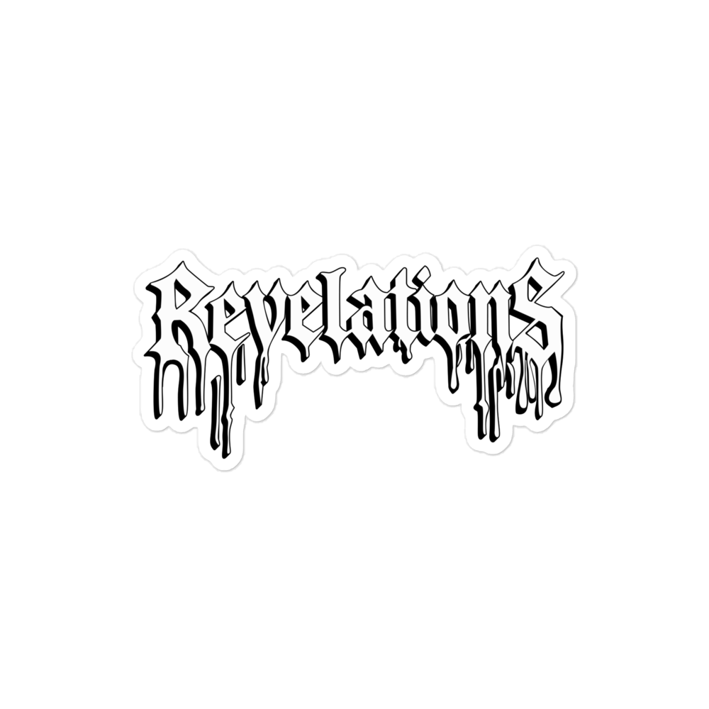 Revelations Decal black gothic text sticker on durable high-opacity vinyl, 4x4 inches, bubble-free application