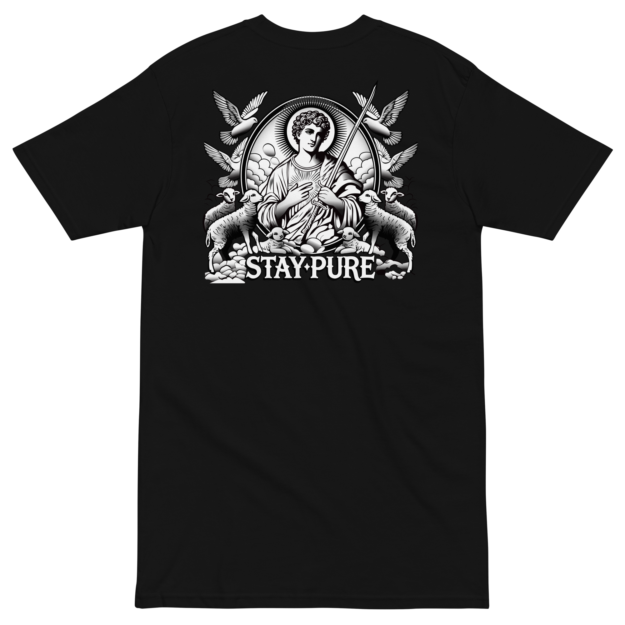 Black heavyweight men's t-shirt "The Saint" with detailed white saint graphic, lambs, doves, and "STAY PURE" text.
