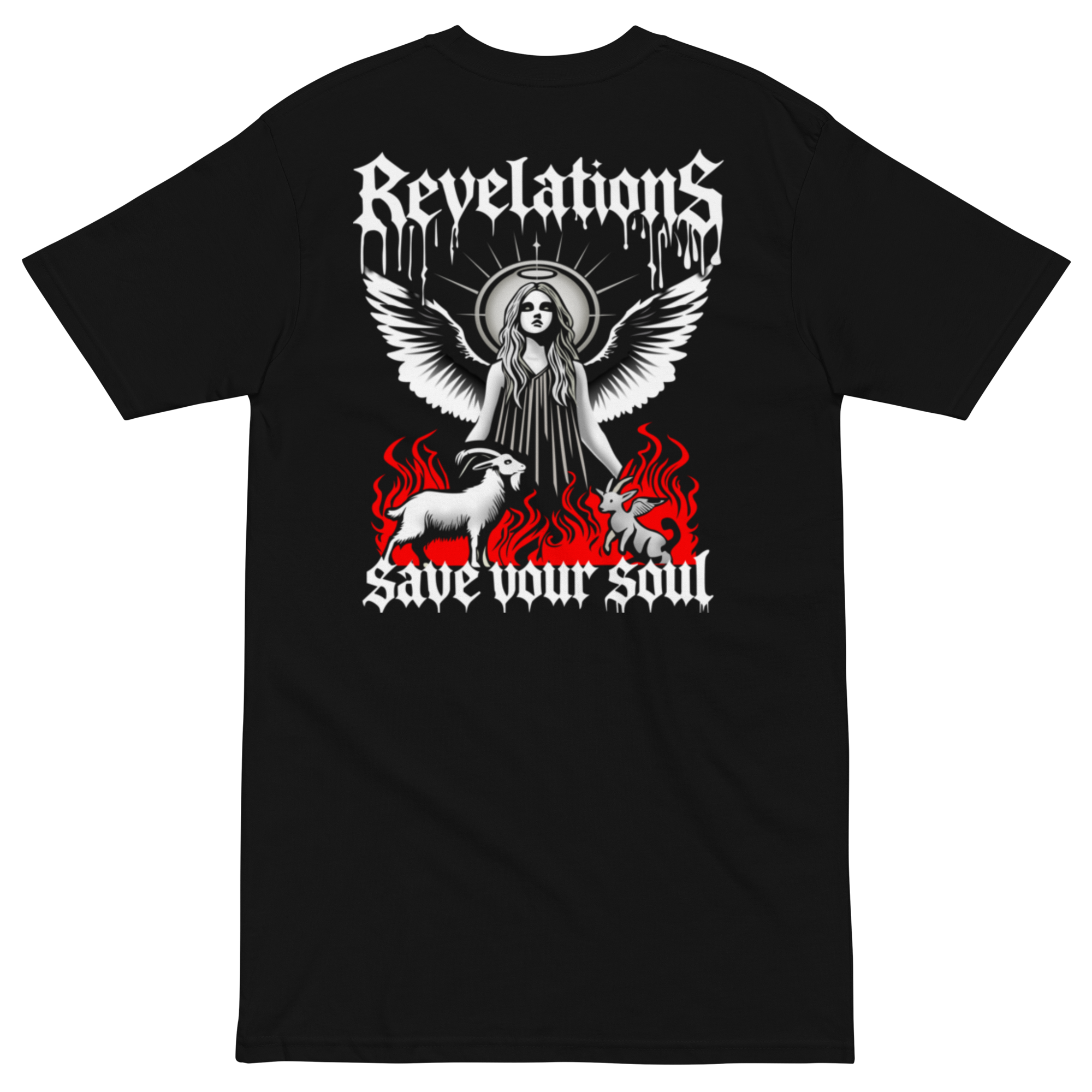 Black men’s premium heavyweight tee with "Revelations save your soul" graphic featuring an angel and flames.