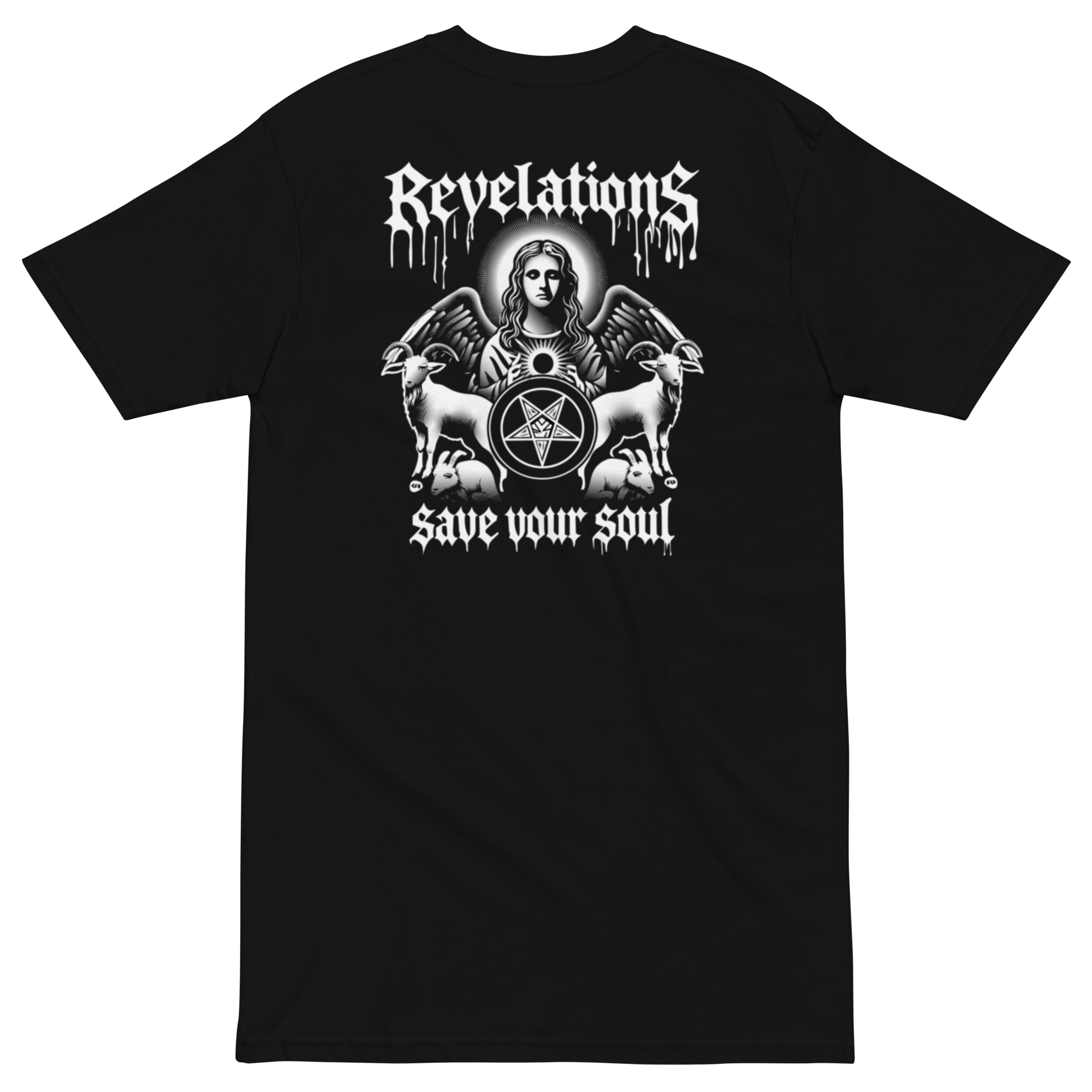 Black Hades Angel t-shirt with gothic angel, goats, pentagram, and "Revelations save your soul" text design on the back
