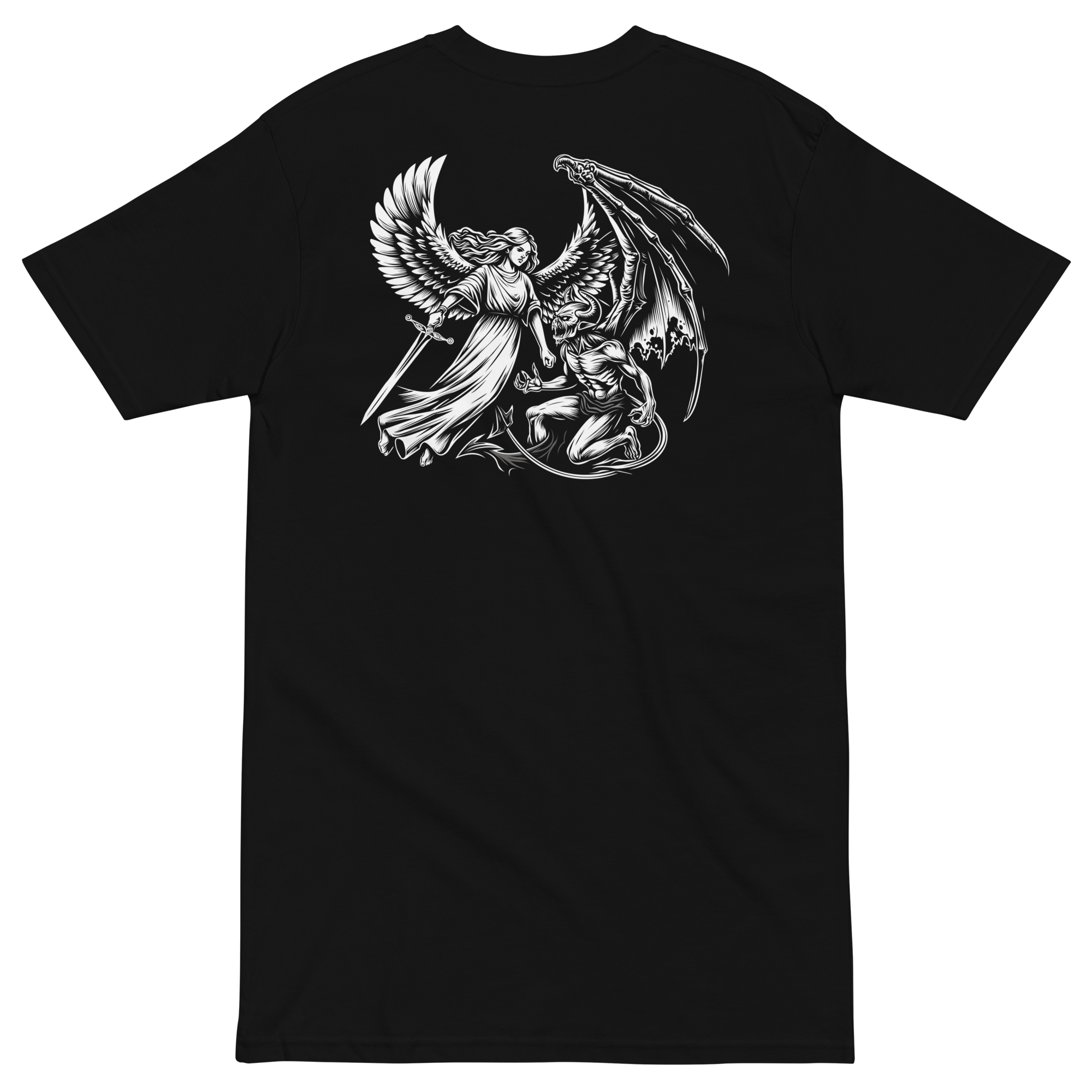 Black men’s premium heavyweight tee with angel versus demon graphic design on the back