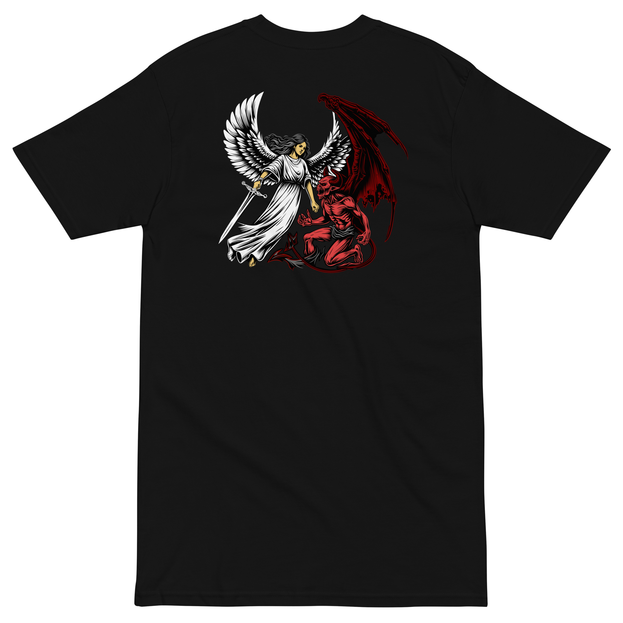 Black heavyweight men's t-shirt featuring a colorful Angel versus Demon graphic design on the back.