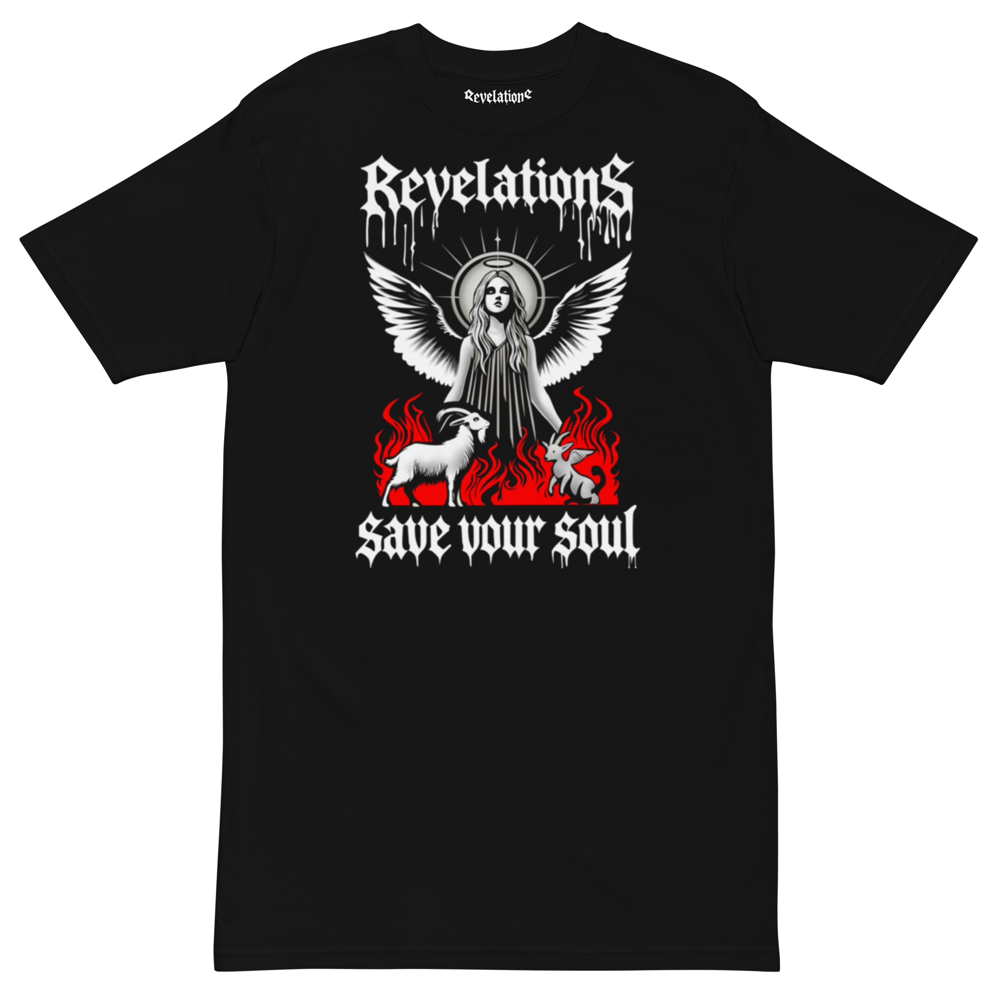 Black Rising Angel t-shirt with angel graphic, flames, and "Revelations save your soul" text design
