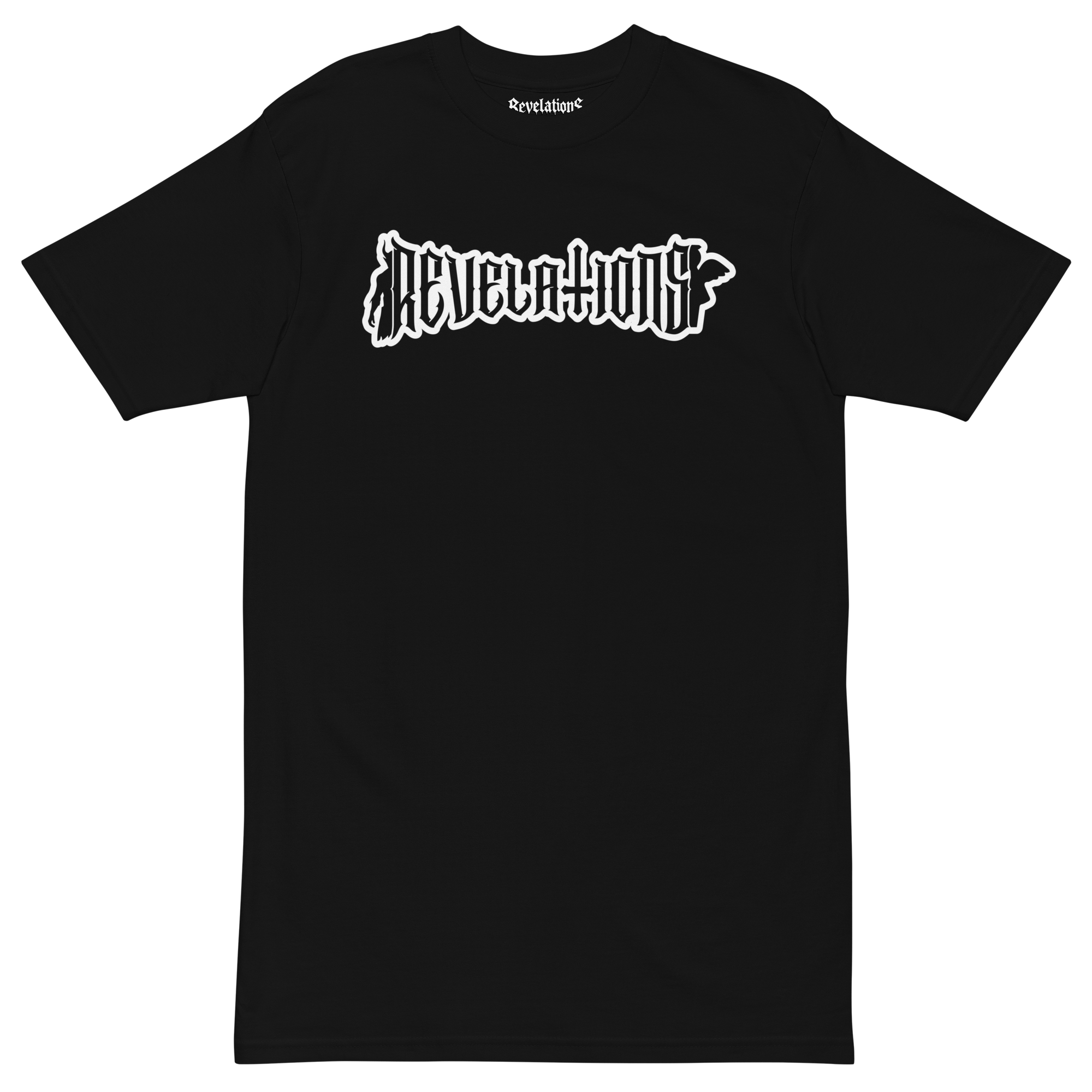 Black men's premium heavyweight tee with white stylized "Revelations" text on chest, featuring a regular fit and durable ring-spun cotton fabric.