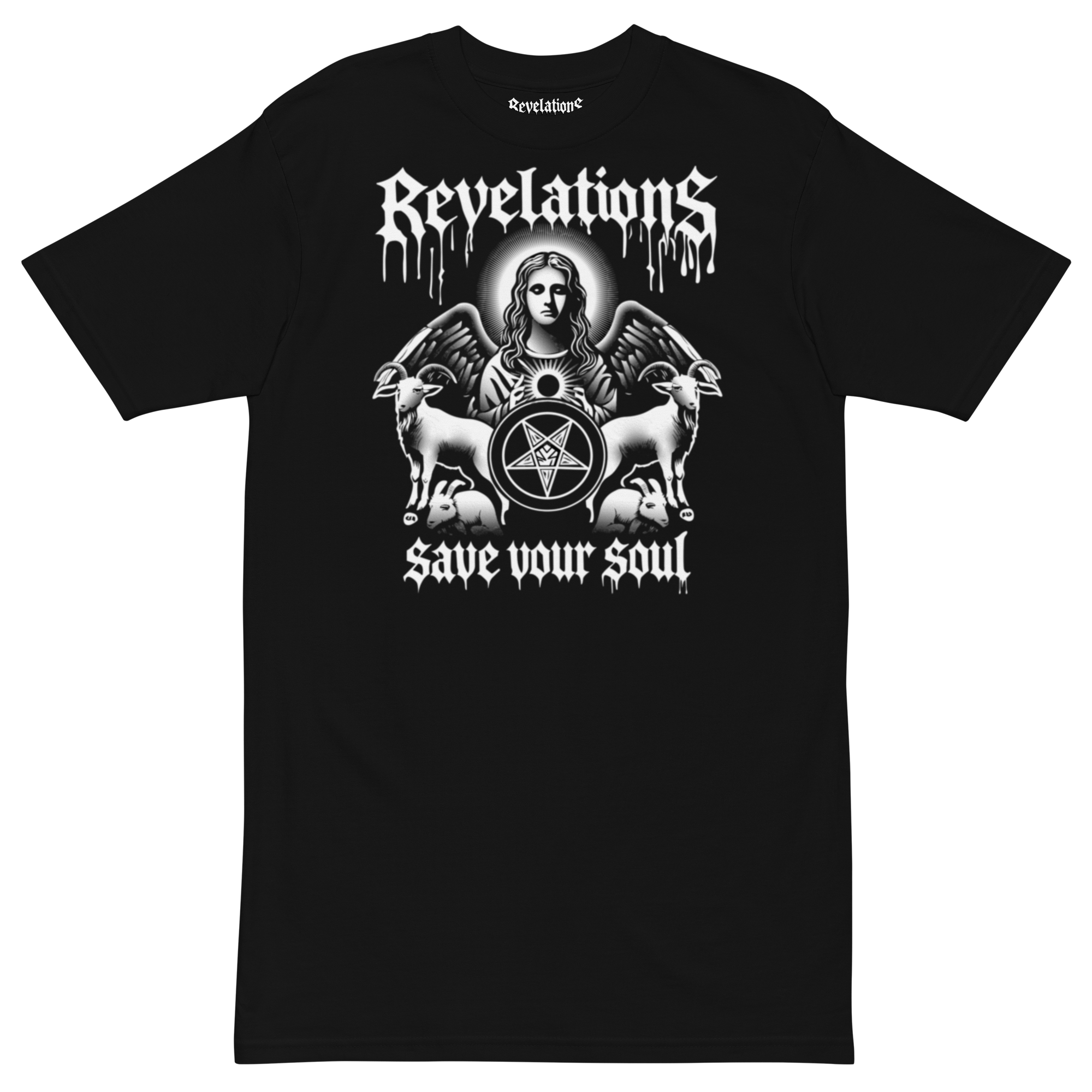 Black heavyweight men’s t-shirt featuring gothic "Hades Angel" design with angel, goats, pentagram, and "Revelations save your soul" text