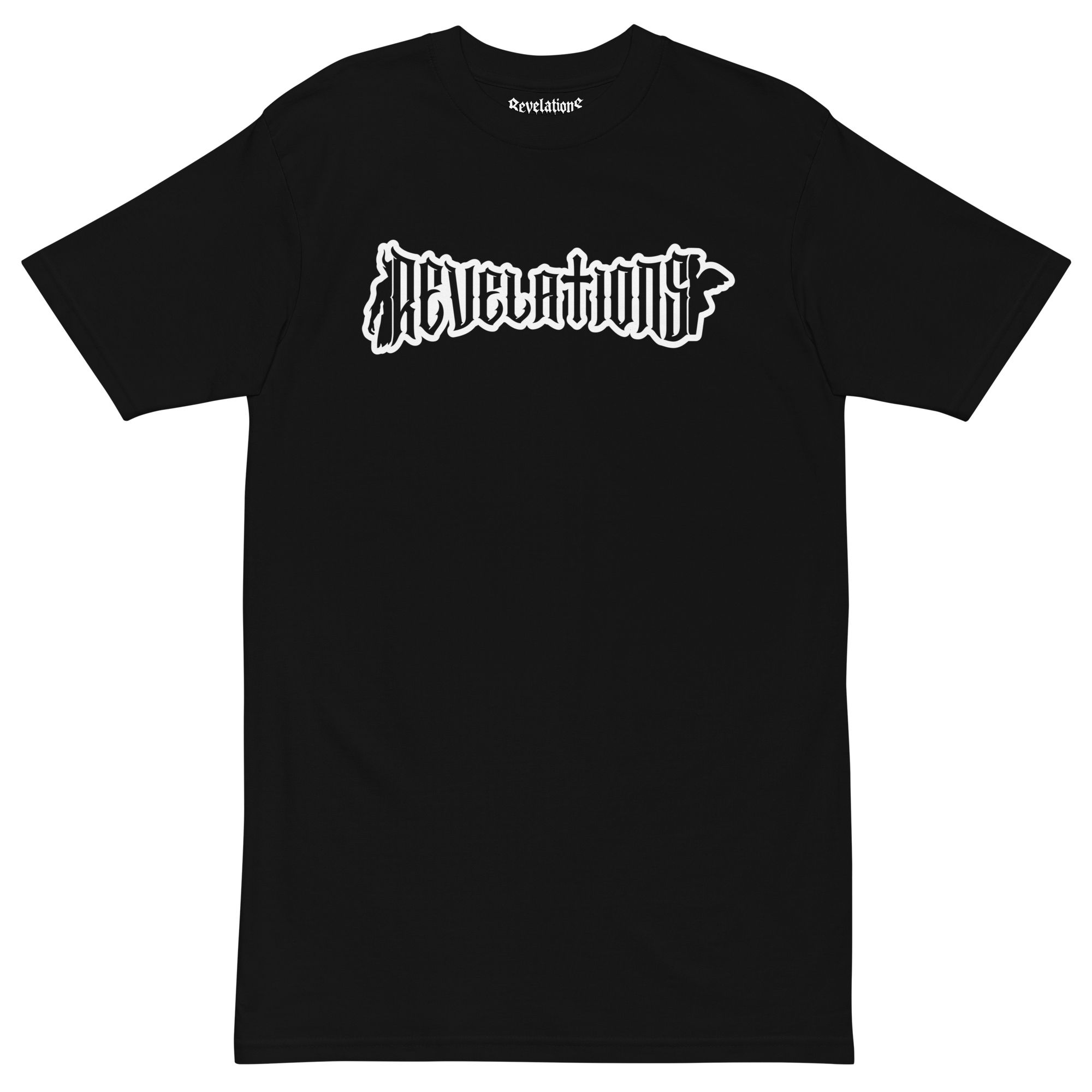 Men’s premium heavyweight tee in black with bold white "Revelations" text, made from durable and soft ring-spun cotton, featuring a regular fit and structured design.