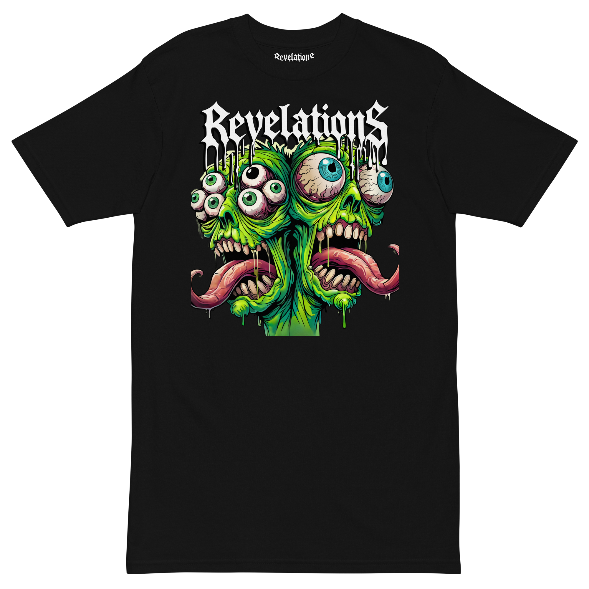 Black Twin Zombiies graphic t-shirt with a vibrant, grotesque two-headed green zombie illustration and white "Revelations" text above the design