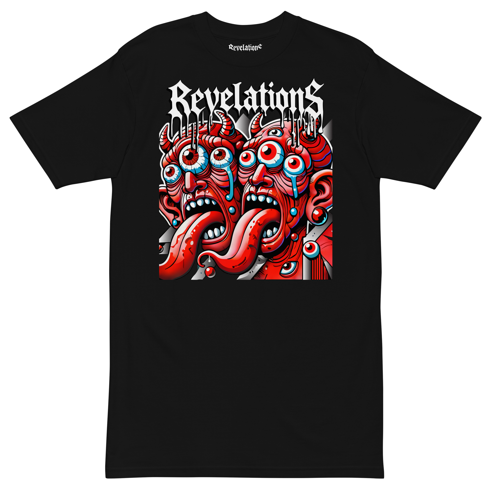 Black Twin Devils graphic t-shirt with red devil faces and bold white text "Revelations"