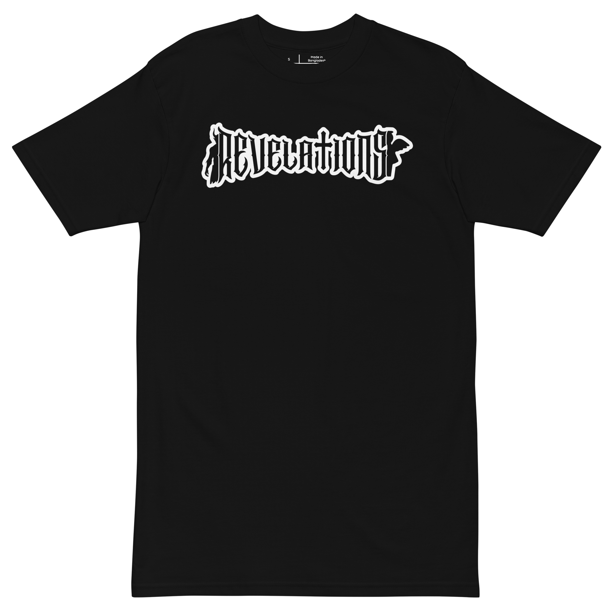 Black men’s premium heavyweight tee with white "REVELATIONS" text graphic on front, made from soft ring-spun cotton with a regular fit.