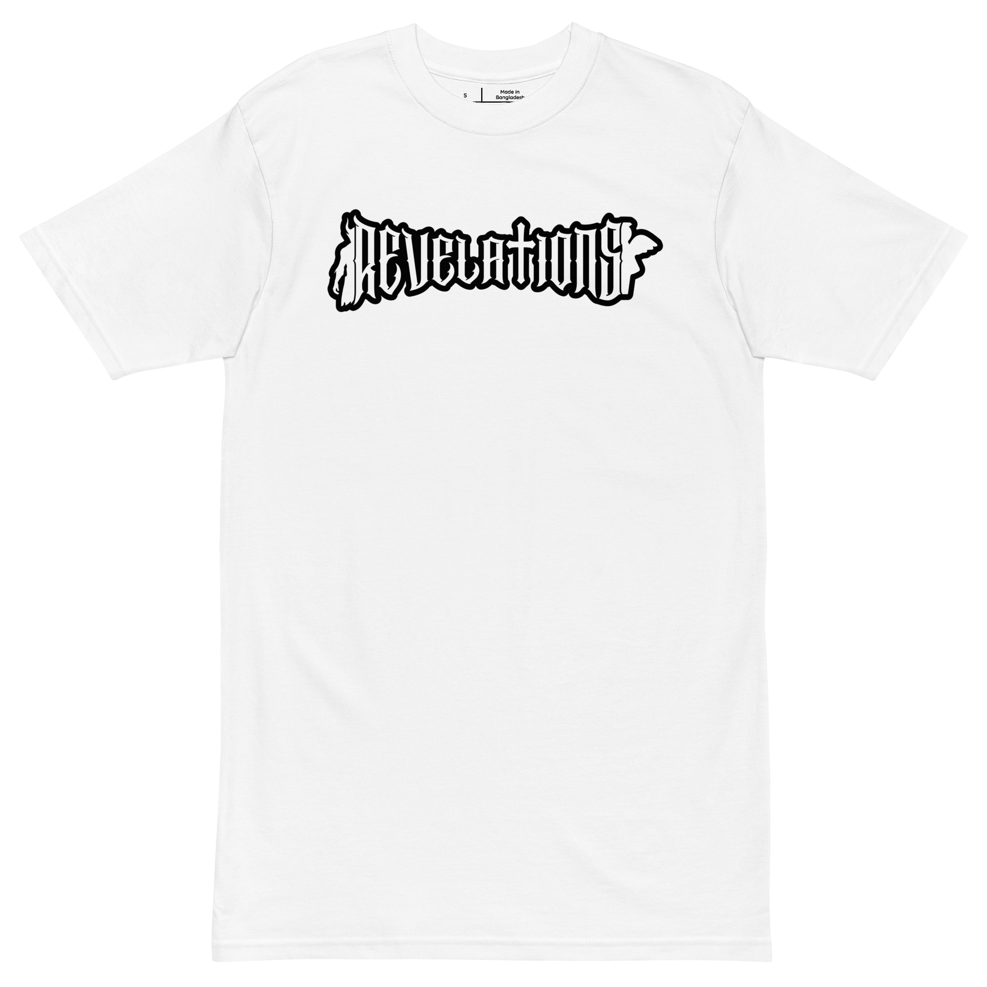 White men's premium heavyweight tee with bold black "Revelations" graphic text on front
