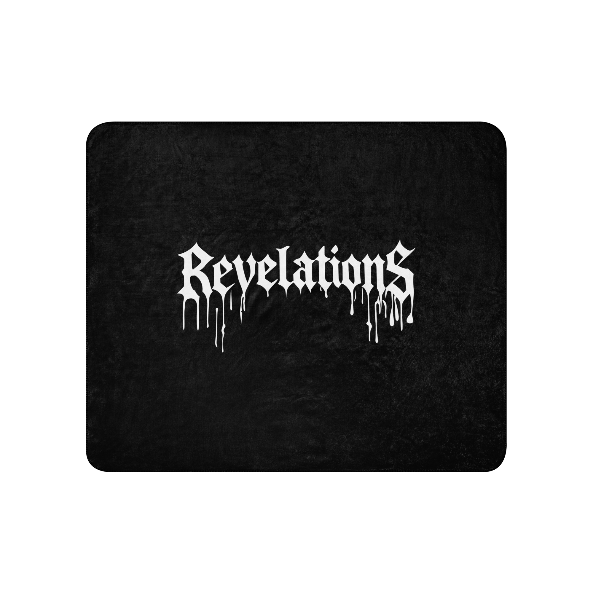 Black Sherpa of Revelations blanket with white dripping text logo made from 100% polyester fibers