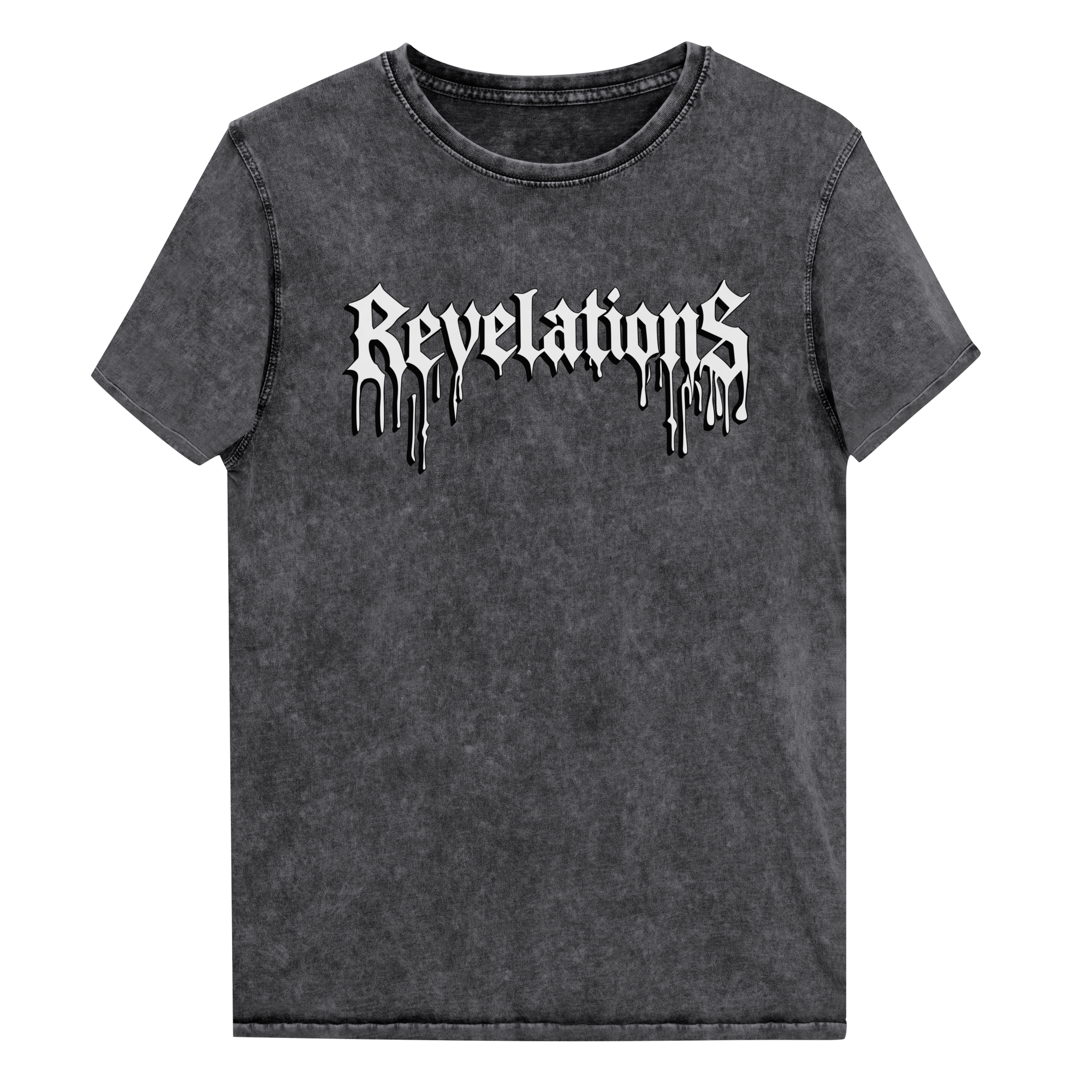 GhostCore ThreadRot black washed cotton t-shirt with "Revelations" dripping text design and rounded neckline