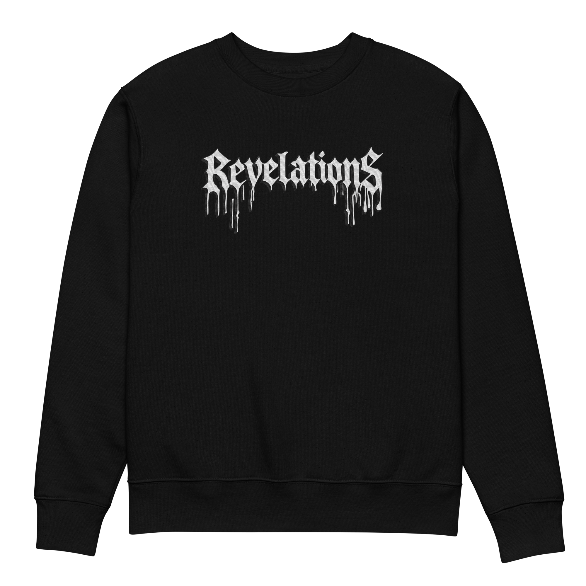 Black StreetForm GhostCore sweatshirt with white dripping "Revelations" text, made from 100% organic ring-spun combed cotton, regular fit, ribbed collar and hems.