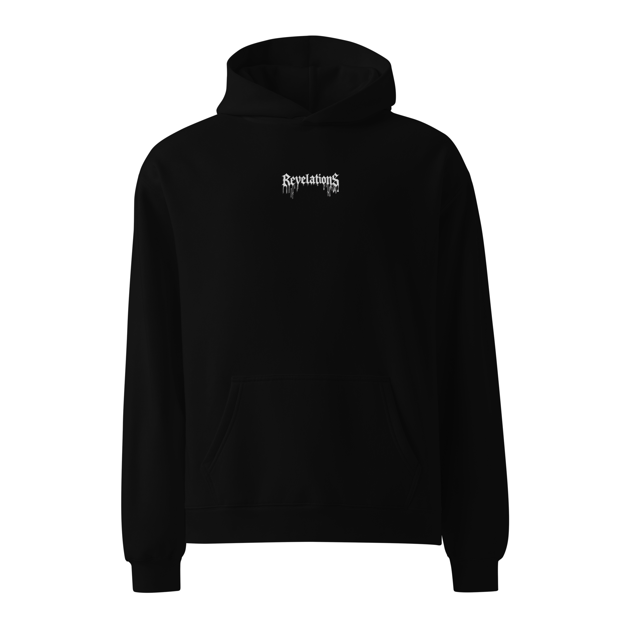 Black unisex GhostCut: GhostCore hoodie with kangaroo pocket and hood, featuring white "Revelations" text on front.