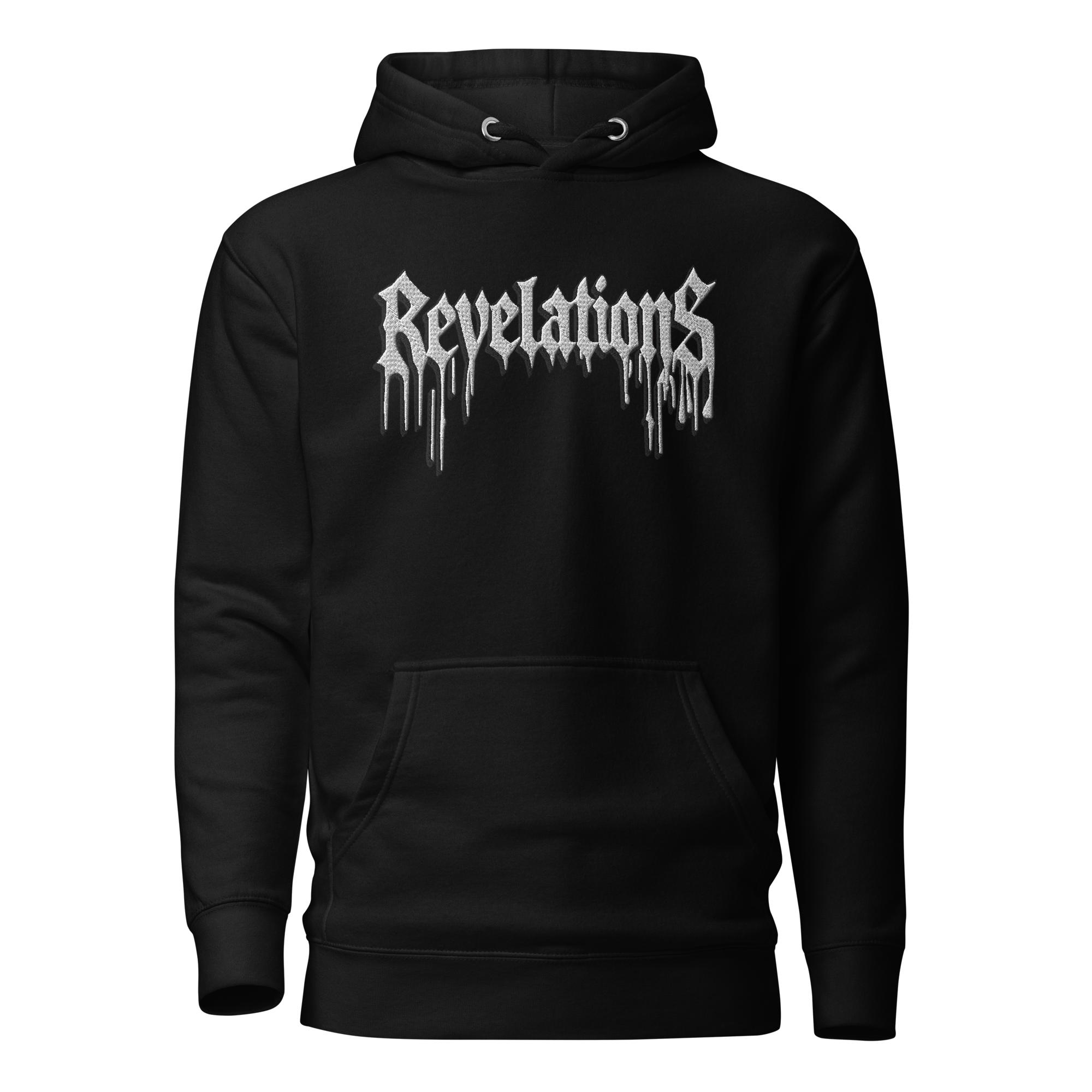 Black GhostStitch: Ghostcore hoodie with white "Revelations" gothic text, front pouch pocket, and matching drawstrings.
