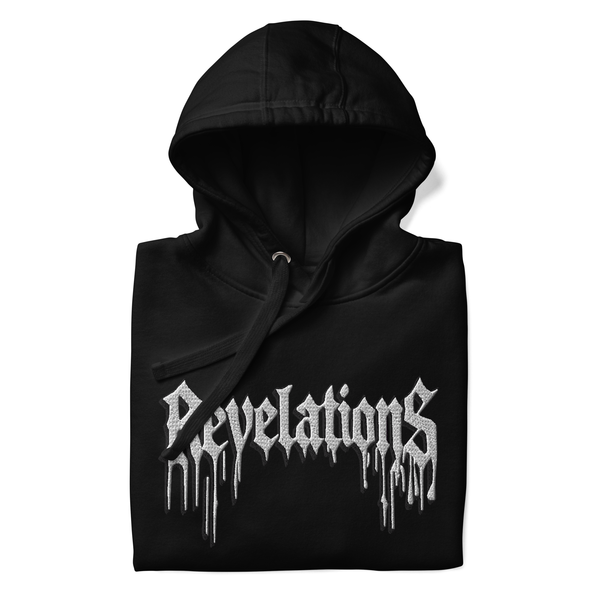 Black GhostStitch: Ghostcore hoodie with white dripping "Revelations" text, 100% cotton face, front pouch pocket, adjustable hood with matching drawstrings.